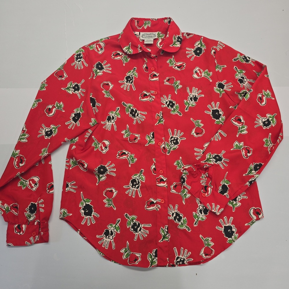 The Villager Vintage Red Floral Poppy Button Down Blouse Peter Pan Collar 12